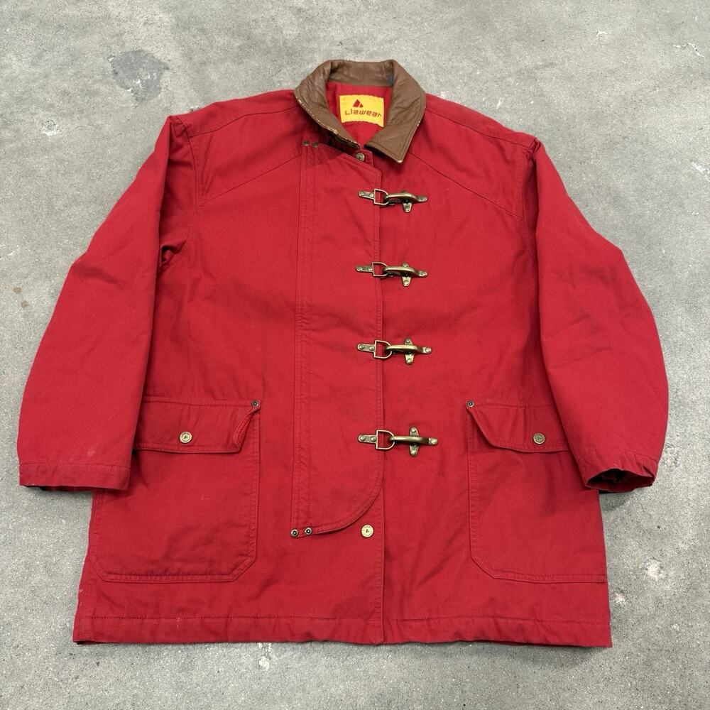VINTAGE 90s LIZWEAR FIREMAN LOBSTER CLASP CANVAS WORK JACKET LARGE RED